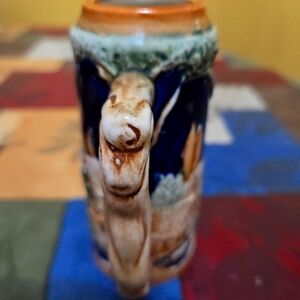 Beer STEIN 5" Pioneer Mdse Co. NY Embossed ceramic colonial designed